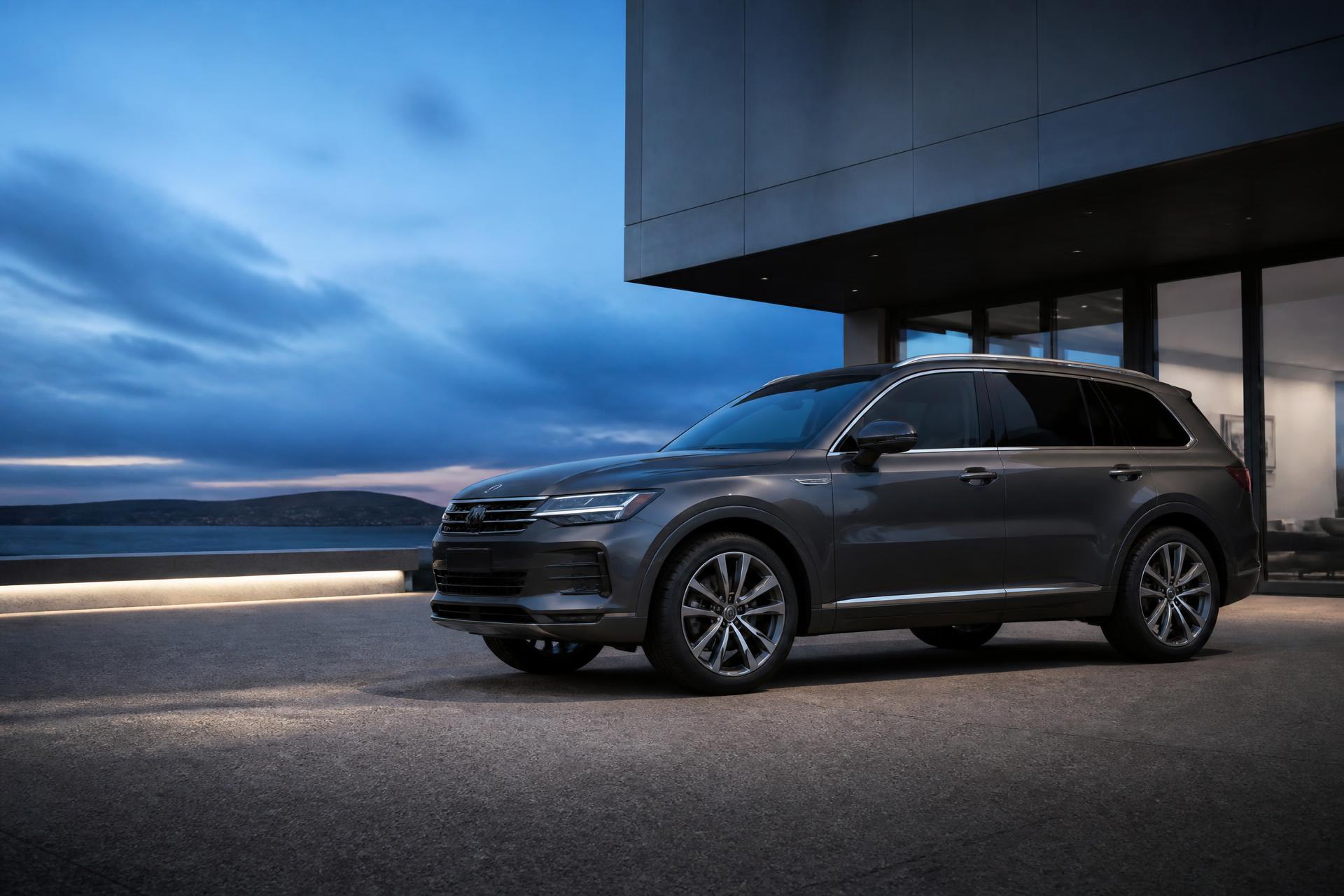 Premium graphite SUV outside a contemporary Australian showroom at dusk