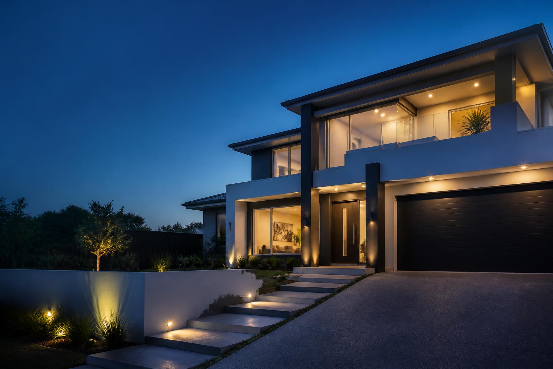 Contemporary Australian family home illuminated at dusk